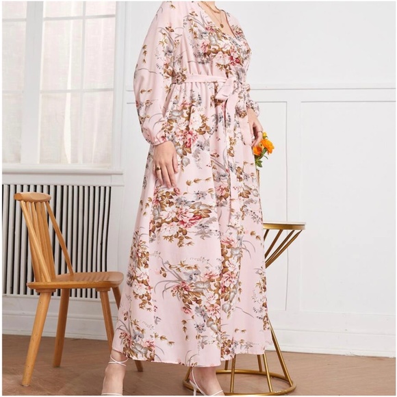 Plus Navy Blue  Floral Print Belted Maxi Dress - Picture 5 of 10